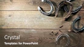  Presentation with horse - PPT theme consisting of old-rusty-horse-shoes-lying background and a violet colored foreground