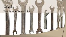 Presentation with english alphabet set in old - Theme consisting of old rusty wrenches spanners set background and a mint green colored foreground