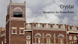  Presentation with old traditional romanian folk costumes - Audience pleasing PPT theme consisting of old sanaa buildings - traditional yemen house backdrop and a light gray colored foreground