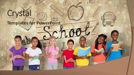  Presentation with pupils reading - Presentation having old school bus - elementary pupils reading books background and a coral colored foreground