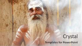  Presentation with varanasi - Slides with old scriptures - sadhu man in varanasi india background and a coral colored foreground