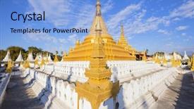  Presentation with fujiyoshida japan at chureito pagoda - PPT theme featuring old scriptures - sandamuni paya pagoda in mandalay background and a light blue colored foreground