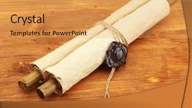  Presentation with old scroll - Slides with old scroll on wooden background background and a yellow colored foreground