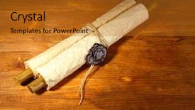  Presentation with old scroll - Presentation design featuring old scroll on wooden background background and a gold colored foreground