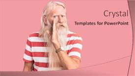  Presentation with tshirt - Audience pleasing PPT theme consisting of old-senior-man-with-grey backdrop and a coral colored foreground