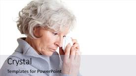  Presentation with tears - PPT layouts enhanced with old senior woman crying and drying her tears with a handkerchief background and a light gray colored foreground