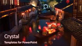  Presentation with river forest village school - PPT theme with old shanghai night - famous water village zhouzhuang background and a wine colored foreground