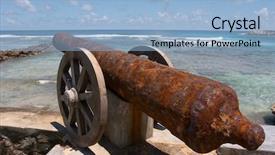  Presentation with old ship - Slide set featuring old ship's cannon recovered from the sea bed on a wall near the harbour fregate seychelles background and a light blue colored foreground
