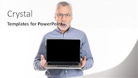  Presentation with laptop blank screen - PPT layouts consisting of old shocked man in eyeglasses showing laptop computer with blank screen to camera isolated over white background and a white colored foreground