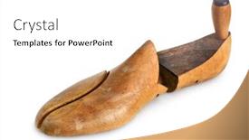  Presentation with last - Colorful slide deck enhanced with old shoe last or form isolated on white background also known as a shoe mold or mould used by cobblers to make shoes backdrop and a white colored foreground