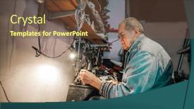  Presentation with shoe - Cool new PPT theme with old-shoemaker-repairing-a-shoe backdrop and a tawny brown colored foreground