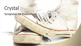  Presentation with old age - Theme consisting of old shoes - vintage age-worn sneakers background and a white colored foreground
