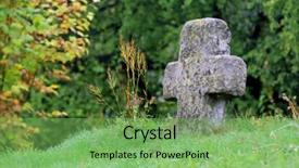  Presentation with stone cross - Amazing PPT theme having old stone cross in green backdrop and a  colored foreground