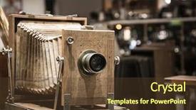  Presentation with old photo - PPT theme enhanced with old style brass antique - retro wooden photo camera background and a tawny brown colored foreground