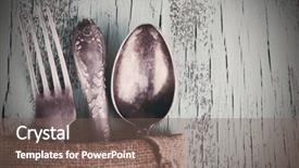  Presentation with tableware - Slides with old tableware wrapped in sackcloth napkin on wooden background background and a violet colored foreground