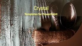  Presentation with tableware - Presentation theme enhanced with old tableware wrapped in sackcloth napkin on wooden background background and a tawny brown colored foreground