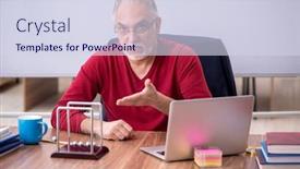  Presentation with classroom - PPT theme with old-teacher-physicist-sitting background and a sky blue colored foreground