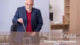  Presentation with classroom - Beautiful PPT theme featuring old-teacher-physicist-sitting backdrop and a coral colored foreground