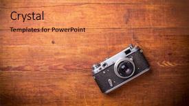  Presentation with old wood - PPT theme enhanced with old technology - retro camera on wood table background and a coral colored foreground