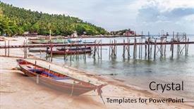  Presentation with old fishing boat - PPT layouts with old thai fishing boat at the beach koh tao island thailand background and a coral colored foreground
