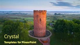  Presentation with tower - Colorful presentation theme enhanced with old-tower-of-kamyenyets-belarus backdrop and a tawny brown colored foreground