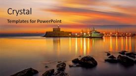  Presentation with sunrise - PPT theme with old town - agios nikolaos fortress background and a coral colored foreground