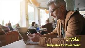  Presentation with middle ages - Beautiful PPT theme featuring old town coffee - middle-aged man in trendy restaurant backdrop and a tawny brown colored foreground