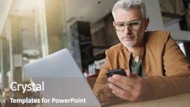  Presentation with restaurant - Amazing presentation design having old town coffee - middle-aged man in trendy restaurant backdrop and a violet colored foreground