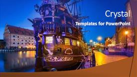  Presentation with old ship - Presentation theme featuring old-town-of-gdansk background and a royal blue colored foreground