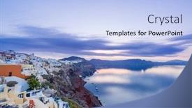  Presentation with greece blue - Colorful presentation theme enhanced with old town of oia on the island santorini white houses and church with blue domes at sunrise greece backdrop and a light blue colored foreground