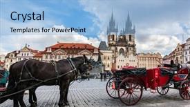  Presentation with church blue - Theme having old town of prague czech republic horse carriage for tourists on the square with view on tyn church blue sunny sky background and a light blue colored foreground