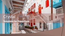  Presentation with greek - Presentation design consisting of old traditional greek street of mykonos with colourful houses greece background and a coral colored foreground