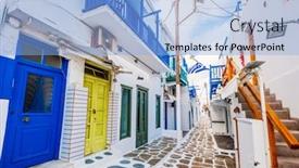  Presentation with greek - Slide deck consisting of old traditional greek street of mykonos with white houses colourful doors and balconies greece background and a light blue colored foreground