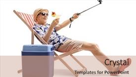  Presentation with tourist - Audience pleasing PPT theme consisting of old travelling - happy elderly tourist backdrop and a coral colored foreground