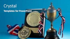  Presentation with blue ribbon - PPT theme featuring old-trophy-with-ribbon-medal background and a teal colored foreground
