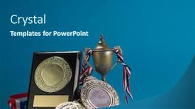  Presentation with blue ribbon - Amazing PPT theme having old-trophy-with-ribbon-medal backdrop and a gray colored foreground