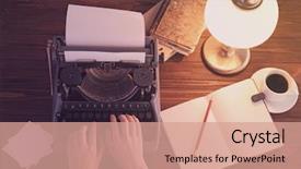  Presentation with old book - PPT layouts featuring old type book - woman typing on typewriter top background and a coral colored foreground