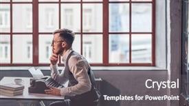  Presentation with old man - Presentation design enhanced with old type book - young man typing a screenplay background and a gray colored foreground