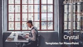  Presentation with old young - Beautiful presentation design featuring old type book - young man typing a screenplay backdrop and a dark gray colored foreground