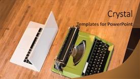  Presentation with young man holdng laptop on lap money - Beautiful presentation design featuring old typewriter and laptop backdrop and a gold colored foreground