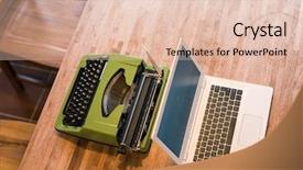  Presentation with old wooden table food - PPT theme featuring old typewriter and laptop background and a lemonade colored foreground