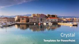  Presentation with port - Beautiful PPT theme featuring old-venetian-port-of-chania backdrop and a teal colored foreground