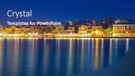  Presentation with port - Beautiful slide deck featuring old venetian port of chania at night crete greece backdrop and a navy blue colored foreground