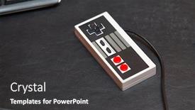  Presentation with video game - Amazing PPT theme having old video game controller on a desk backdrop and a dark gray colored foreground