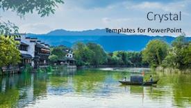  Presentation with old china - PPT theme having old-village-in-hongcun-anhui background and a light blue colored foreground
