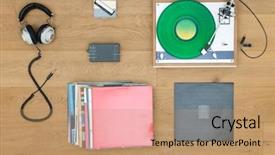  Presentation with shot - Theme consisting of old vintage - directly above shot of turntable background and a coral colored foreground