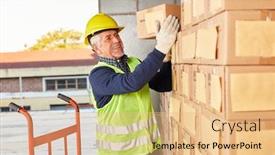  Presentation with warehouse - Cool new PPT layouts with old-warehouse-worker-prepares backdrop and a coral colored foreground