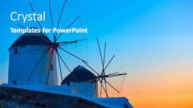  Presentation with cyclades - Amazing presentation design having old windmills in mykonos island on the shore of aegean sea at sundown cyclades greece backdrop and a teal colored foreground
