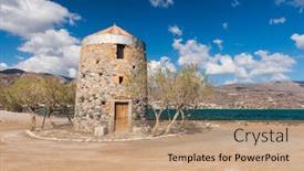  Presentation with crete island - Presentation design featuring old windmills poros elounda at spinalonga peninsula near the town of elounda island of crete - greece background and a coral colored foreground
