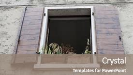  Presentation with flower on wall - Slide set consisting of old window with open shutters background and a  colored foreground